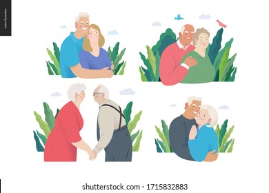 Medical insurance -senior citizen health plan -modern flat vector concept digital illustration of a happy elderly couple, standing embraced together holding their hands. Medical insurance plan.