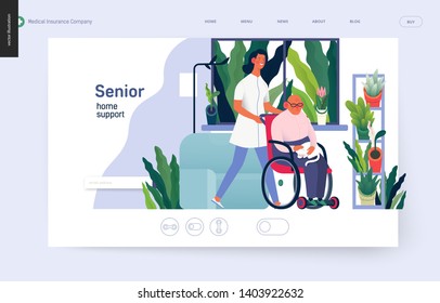 Medical insurance - senior home support - modern flat vector concept digital illustration -a nurse rolling a wheel chair with a senior patient at his home. Home medical service, part of insurance plan