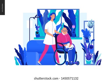 Medical insurance - senior home support - modern flat vector concept digital illustration -a nurse rolling a wheel chair with a senior patient at his home. Home medical service, part of insurance plan