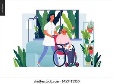 Medical insurance - senior home support - modern flat vector concept digital illustration -a nurse rolling a wheel chair with a senior patient at his home. Home medical service, part of insurance plan