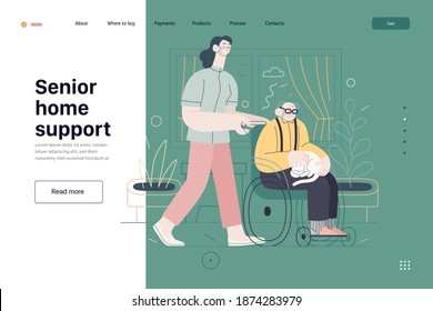 Medical insurance - senior home support - modern flat vector concept digital illustration -a nurse rolling a wheel chair with a senior patient at his home. Home medical service, part of insurance plan