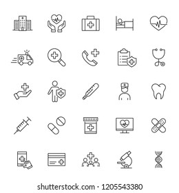 Medical Insurance Service; Health Care; Line Black Icons Set On White Background