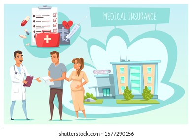 Medical insurance set with patients and doctor. Pregnant woman wife and man husband talking with therapist. Paper document, pills, syringe, physicians red bag. Hospital building. Vector illustration