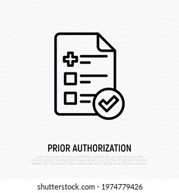 Medical Insurance: Sheet Of Paper With Medical Cross And Check Mark. Prior Authorization. Thin Line Icon. Vector Illustration.