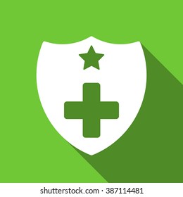Medical Insurance Shield long shadow vector icon. Style is a flat symbol with rounded angles on a green square symbol.