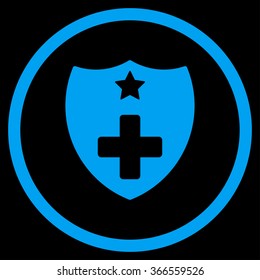 Medical Insurance Shield vector icon. Style is flat circled symbol, blue color, rounded angles, black background.