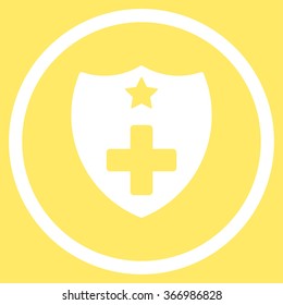 Medical Insurance Shield vector icon. Style is flat circled symbol, white color, rounded angles, yellow background.