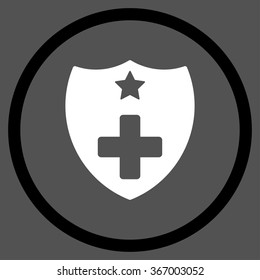 Medical Insurance Shield vector icon. Style is bicolor flat circled symbol, black and white colors, rounded angles, gray background.