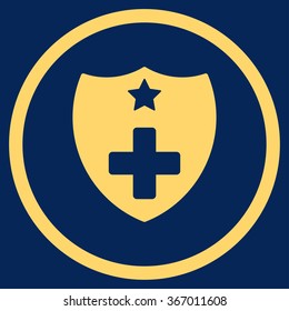 Medical Insurance Shield vector icon. Style is flat circled symbol, yellow color, rounded angles, blue background.