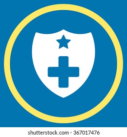 Medical Insurance Shield vector icon. Style is bicolor flat circled symbol, yellow and white colors, rounded angles, blue background.