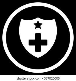 Medical Insurance Shield vector icon. Style is flat circled symbol, white color, rounded angles, black background.