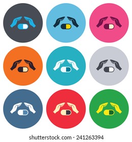 Medical insurance sign icon. Hand holds pill drugs. Health Insurance. Colored round buttons. Flat design circle icons set. Vector