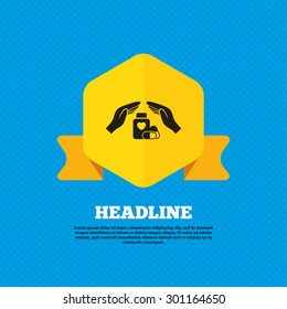 Medical insurance sign icon. Hand holds pills bottle drugs. Health Insurance. Yellow label tag. Circles seamless pattern on back. Vector