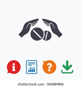 Medical insurance sign icon. Hand holds tablets pills drugs. Health Insurance. Information think bubble, question mark, download and report.