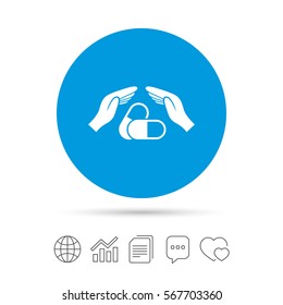 Medical insurance sign icon. Hand holds pills drugs. Health Insurance. Copy files, chat speech bubble and chart web icons. Vector