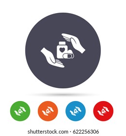 Medical insurance sign icon. Hand holds pills bottle drugs. Health Insurance. Round colourful buttons with flat icons. Vector