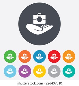Medical insurance sign icon. Health insurance. Doctor case. Round colourful 11 buttons. Vector
