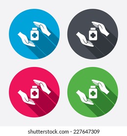 Medical insurance sign icon. Health insurance symbol. Drugs or pills bottle. Circle buttons with long shadow. 4 icons set. Vector