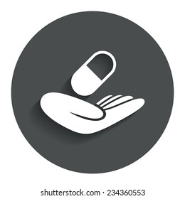 Medical insurance sign icon. Health insurance. Pill symbol. Gray flat button with shadow. Modern UI website navigation. Vector