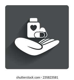 Medical insurance sign icon. Health insurance. Pills bottle symbol. Gray flat square button with shadow. Modern UI website navigation. Vector