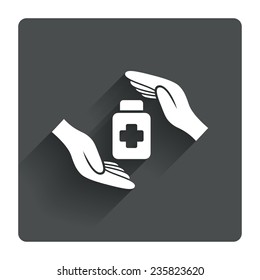 Medical insurance sign icon. Health insurance symbol. Drugs or pills bottle. Gray flat square button with shadow. Modern UI website navigation. Vector
