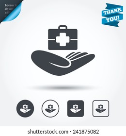 Medical insurance sign icon. Health insurance. Doctor case. Circle and square buttons. Flat design set. Thank you ribbon. Vector