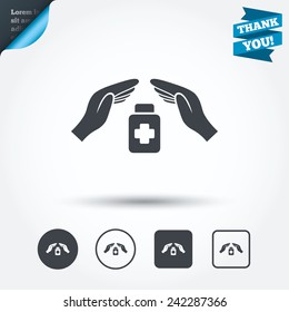 Medical insurance sign icon. Health insurance symbol. Drugs or pills bottle. Circle and square buttons. Flat design set. Thank you ribbon. Vector