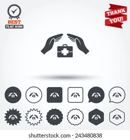Medical insurance sign icon. Health insurance symbol. Doctor case. Circle, star, speech bubble and square buttons. Award medal with check mark. Thank you ribbon. Vector