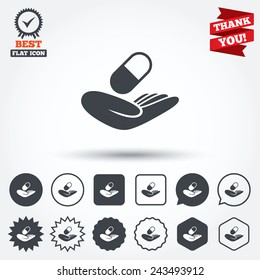 Medical insurance sign icon. Health insurance. Pill symbol. Circle, star, speech bubble and square buttons. Award medal with check mark. Thank you ribbon. Vector