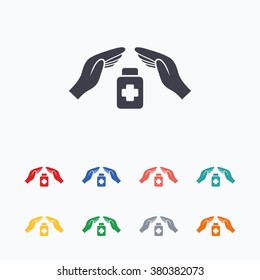 Medical insurance sign icon. Health insurance symbol. Drugs or pills bottle. Colored flat icons on white background.