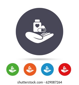 Medical insurance sign icon. Health insurance. Pills bottle symbol. Round colourful buttons with flat icons. Vector