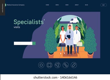 Medical insurance -specialists visit -modern flat vector concept digital illustration - medical specialists standing at the private residence entrance door Home medical service, part of insurance plan