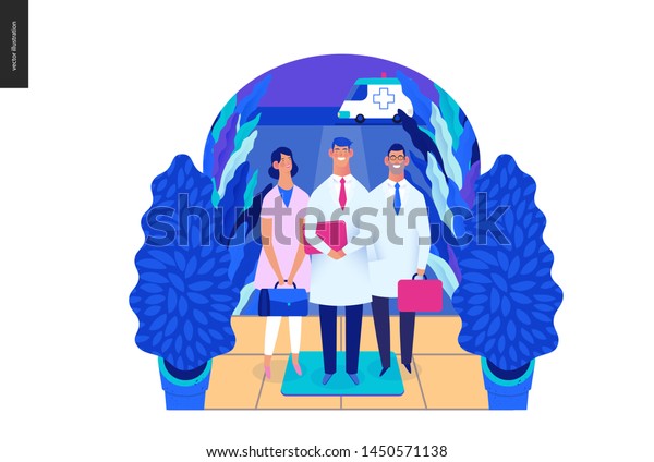 Medical insurance -specialists visit -modern flat\
vector concept digital illustration - medical specialists standing\
at the private residence entrance door Home medical service, part\
of insurance plan