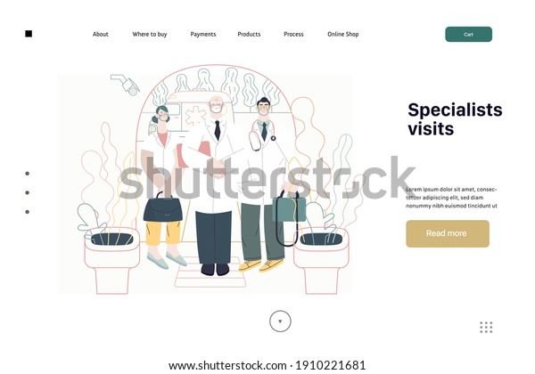 Medical insurance -specialists visit -modern flat\
vector concept digital illustration - medical specialists standing\
at the private residence entrance door Home medical service, part\
of insurance plan