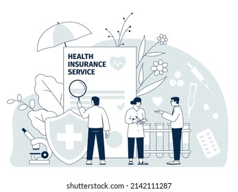 Medical insurance. Support and insure, people health protection. Digital healthcare, doctor and patients. Flat life security recent vector concept