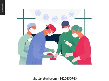 Medical insurance - surgery and surgical procedures -modern flat vector concept digital illustration - surgeons and operation nurses on surgical operation in operating room, team of doctors concept