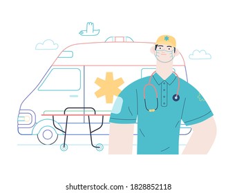 Medical insurance template -ambulance transport and emergency evacuation -modern flat vector concept digital illustration of a male paramedic and ambulance van. Medical service and insurance
