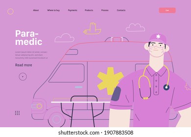 Medical insurance template -ambulance transport and emergency evacuation -modern flat vector concept digital illustration of a male paramedic and ambulance van. Medical service and insurance