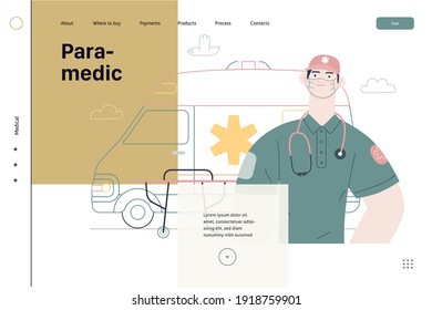 Medical insurance template -ambulance transport and emergency evacuation -modern flat vector concept digital illustration of a male paramedic and ambulance van. Medical service and insurance