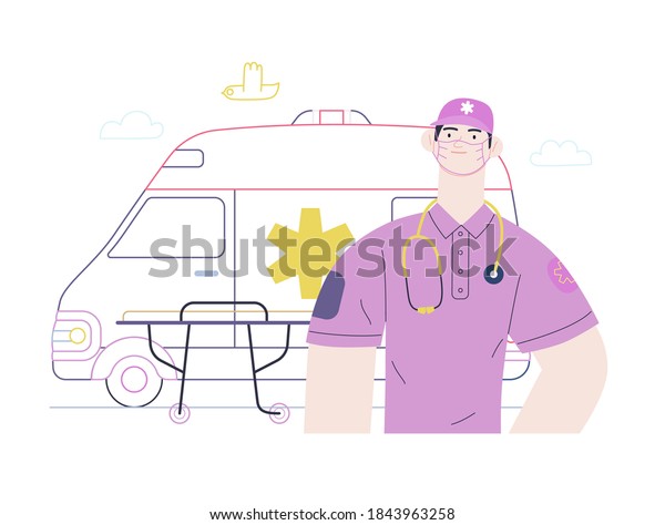 Medical insurance template -ambulance transport\
and emergency evacuation -modern flat vector concept digital\
illustration of a male paramedic and ambulance van. Medical service\
and insurance