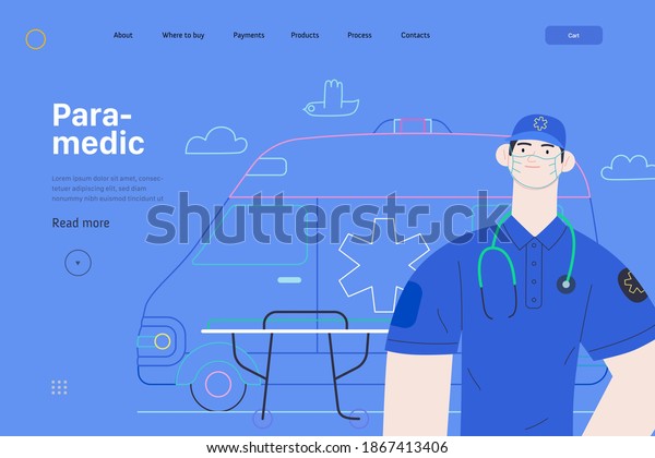 Medical insurance template -ambulance transport\
and emergency evacuation -modern flat vector concept digital\
illustration of a male paramedic and ambulance van. Medical service\
and insurance