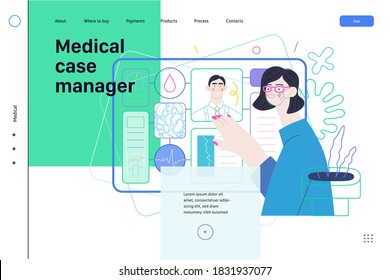 Medical insurance template -medical case manager -modern flat vector concept digital illustration of a manager reordering the medical procedures and diagnosiss, process metaphor, medical insurance