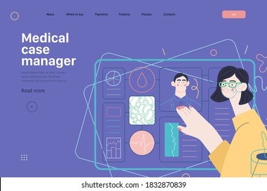 Medical insurance template -medical case manager -modern flat vector concept digital illustration of a manager reordering the medical procedures and diagnosiss, process metaphor, medical insurance