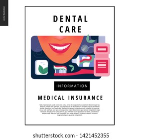 Medical insurance template - dental care - modern flat vector concept digital illustration of helthy teeth - smailing woman with mint dental floss, tothbrush, toothpaste, mouthwash, dentist tool