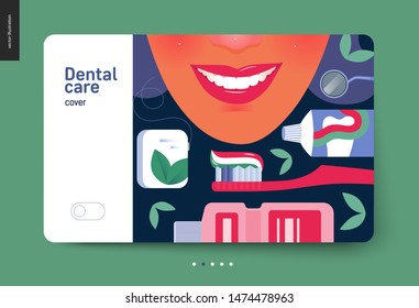 Medical insurance template - dental care - modern flat vector concept digital illustration of helthy teeth - smailing woman with mint dental floss, tothbrush, toothpaste, mouthwash, dentist tool