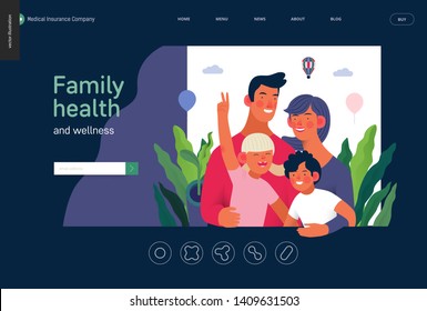 Medical insurance template -family health and wellness -modern flat vector concept digital illustration of a happy family of parents and children, family medical insurance plan