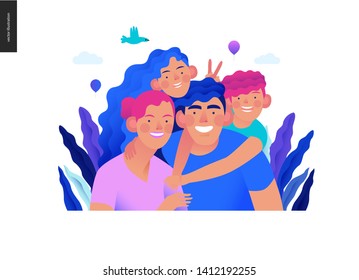 Medical insurance template - a happy family - modern flat vector concept digital illustration of a young family, parents, little son and daughter, embracing together outside, medical insurance concept