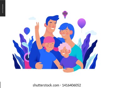 Medical insurance template - a happy family - modern flat vector concept digital illustration of a young family, parents, little son and daughter, embracing together outside, medical insurance concept