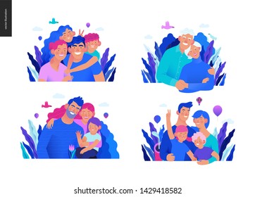 Medical insurance template -happy family - modern flat vector concept digital illustrations of families, parents with children and elderly couple, embracing together outside, medical insurance concept