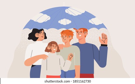 Medical insurance template with happy family stand together under umbrella. Healthcare, safety, life protection, health insurance plan or coverage concept. Parents with children vector illustration.